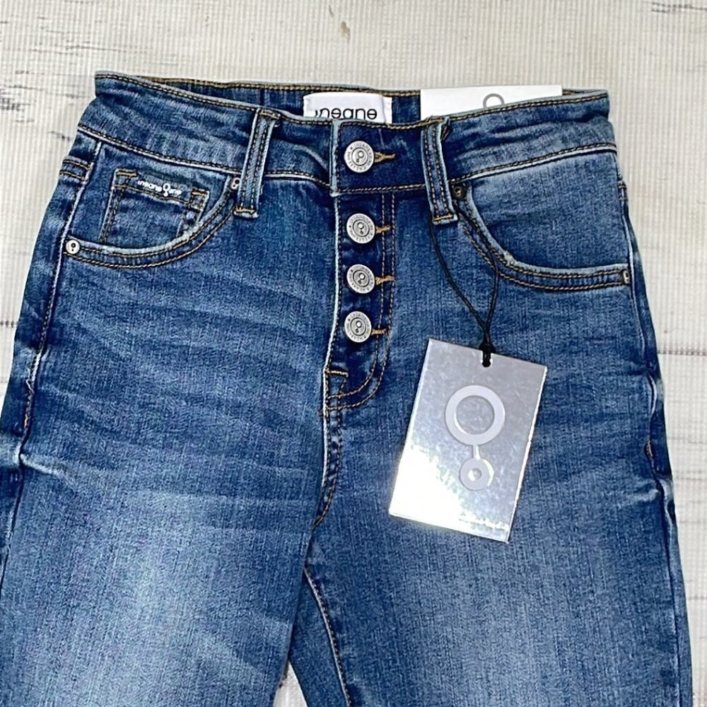 Insane Gene NWT Jeans Mid-Rise Skinny Dark Blue Denim Exposed Buttons Size 0 W23 - Picture 5 of 13